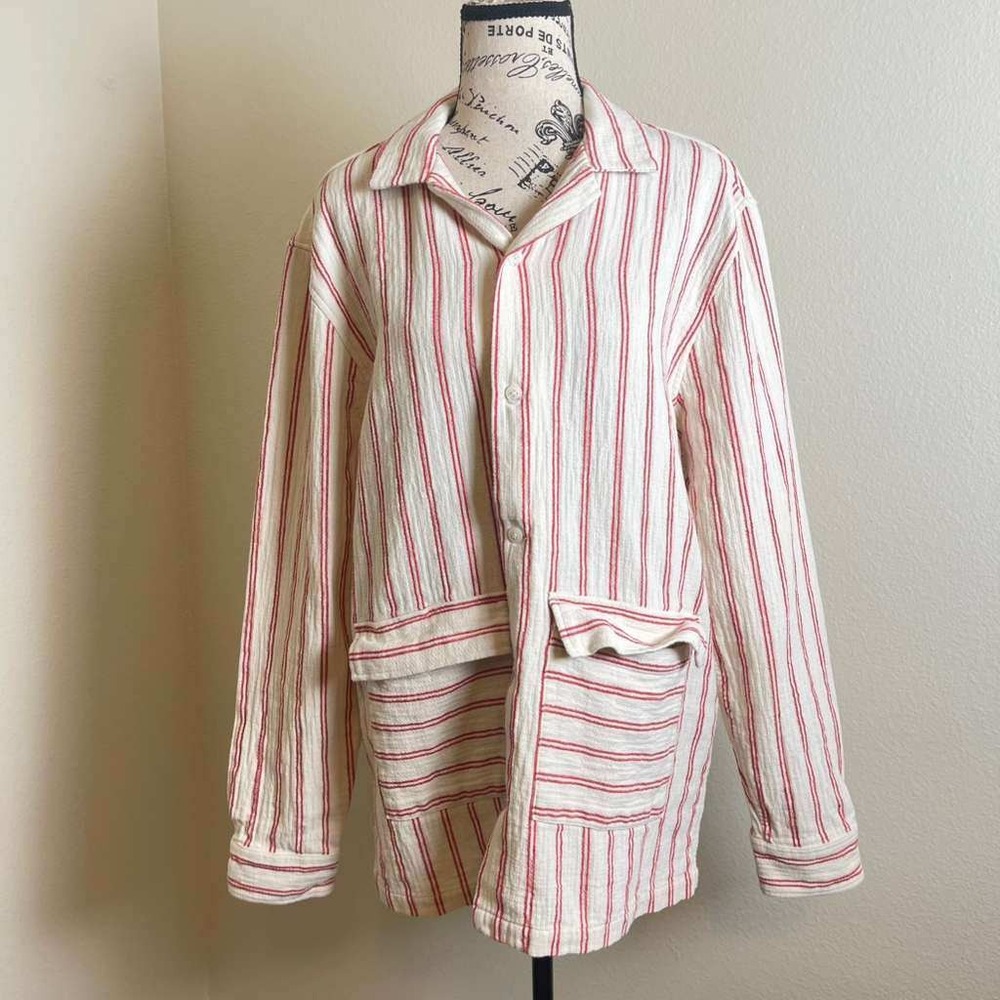 Zara Womens Large‎ Red White Striped Textured Cotton Chore Shirt Jacket Shacket